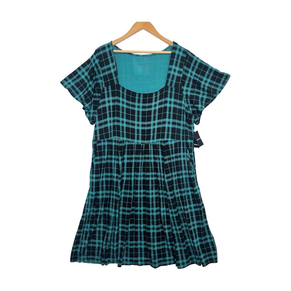 Torrid Dress Womens 3X Teal Black Plaid Super Soft Flutter Sleeve Mini Flowy